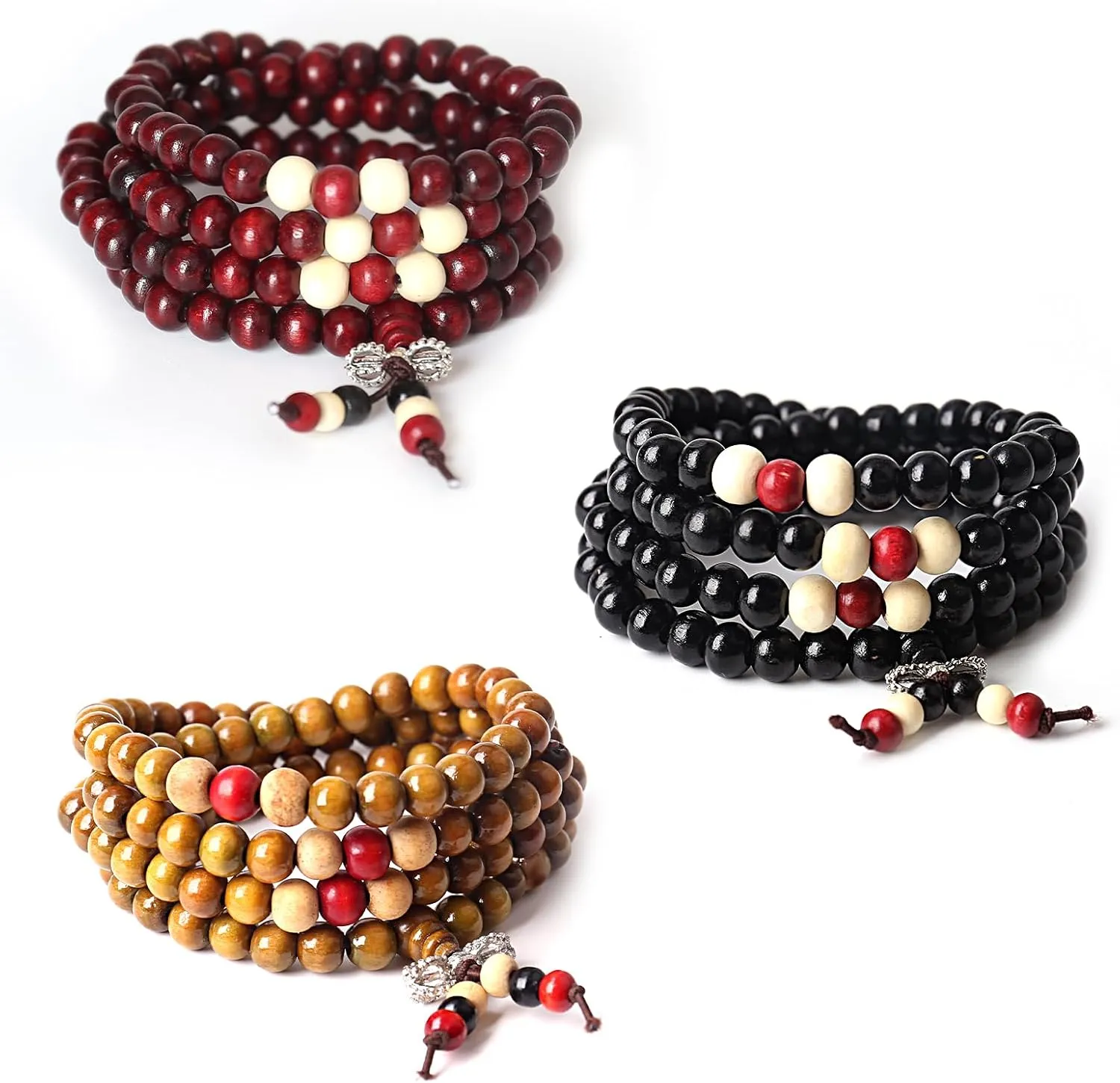 108 Mala Beads Bracelets Meditation Necklace 3pc 8mm Wood Prayer Beads Buddhist Wooden Necklace for Men and Women