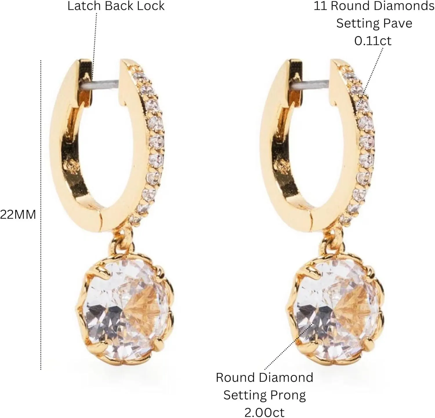 14k Solid Gold Pave Huggie Earring, Round Solitaire Drop Dangle, Handmade Hoop Jewelry Gift for Her.