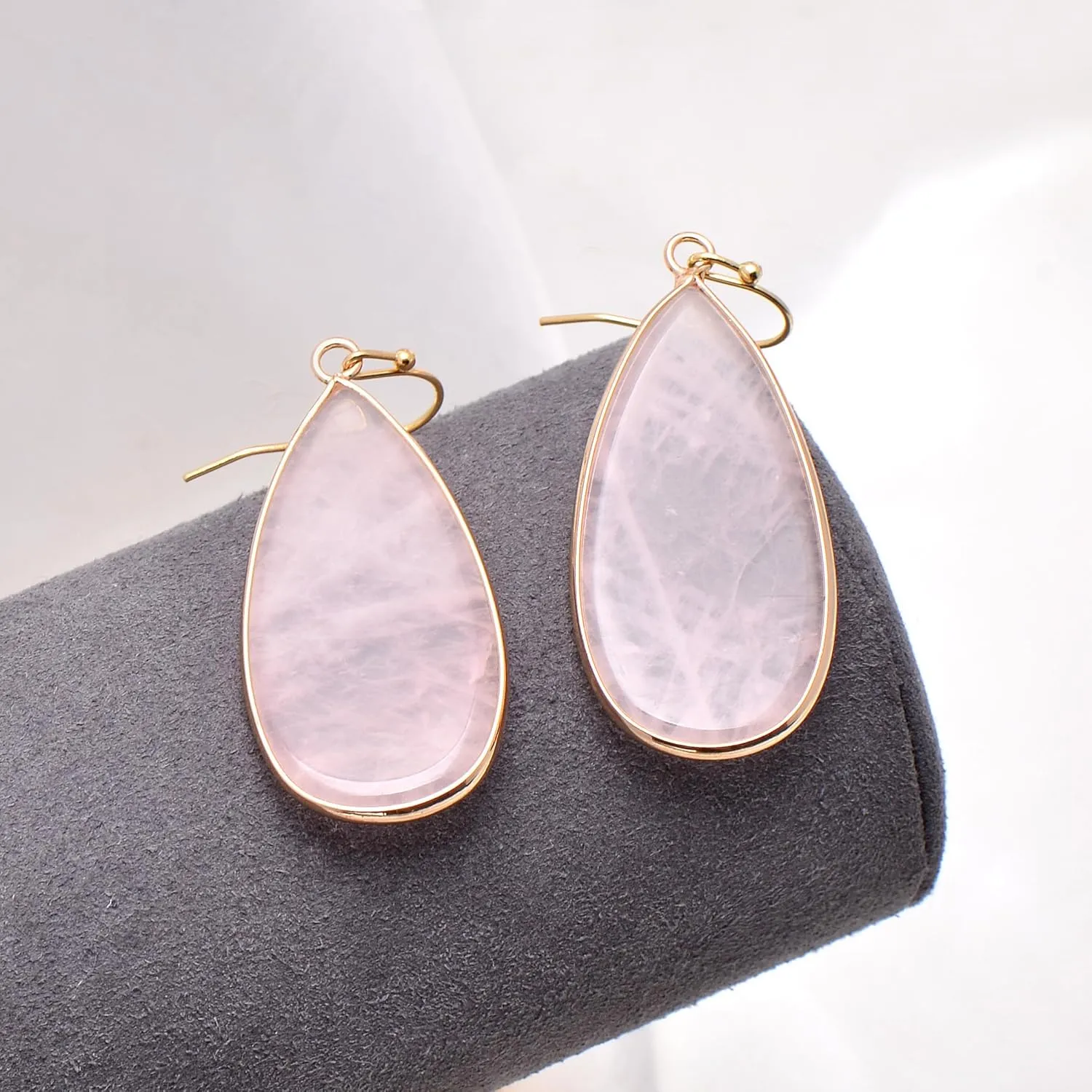 14K Yellow Gold Edged Stone Rose Quartz Flat Drop Earrings for Women