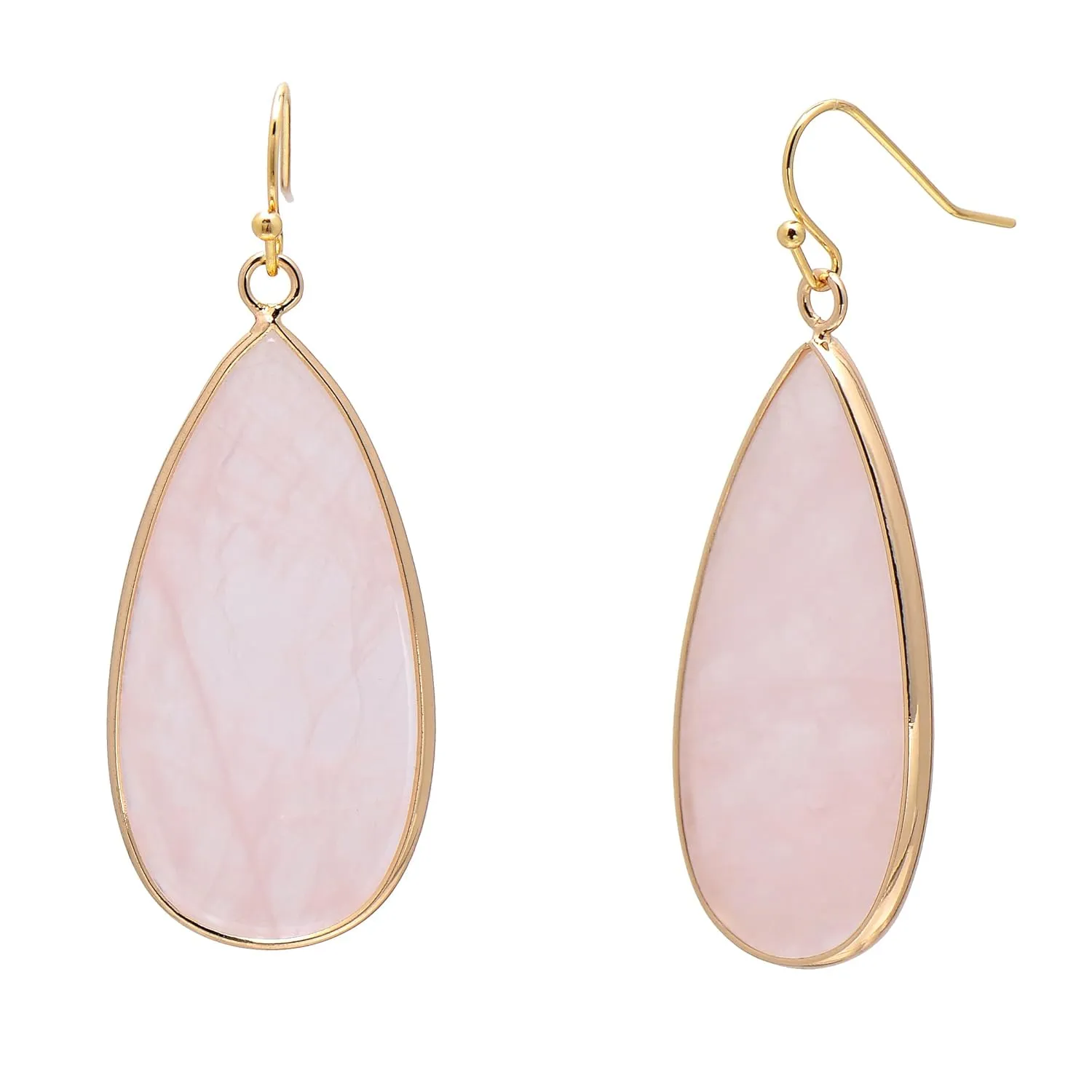 14K Yellow Gold Edged Stone Rose Quartz Flat Drop Earrings for Women