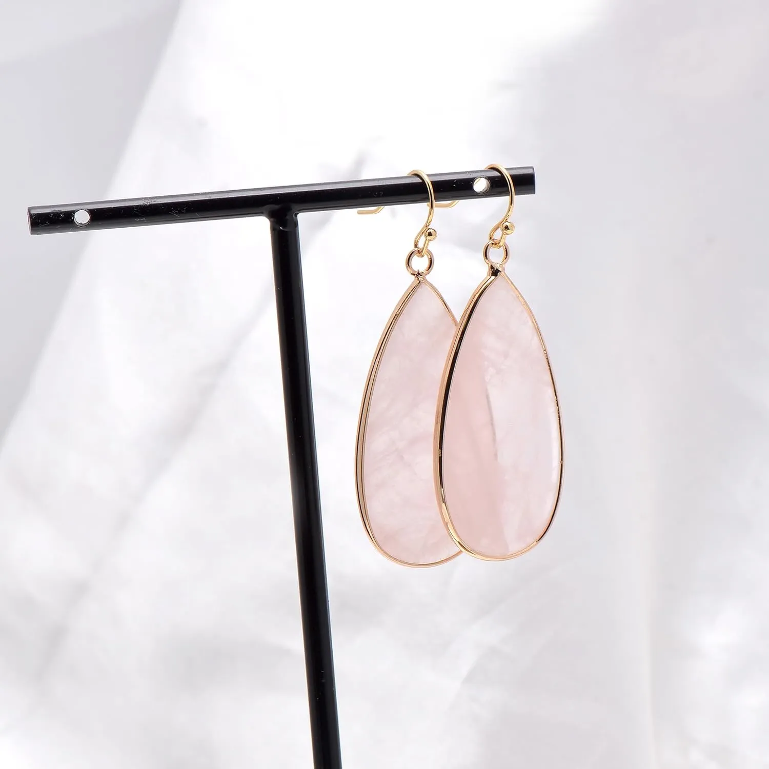 14K Yellow Gold Edged Stone Rose Quartz Flat Drop Earrings for Women