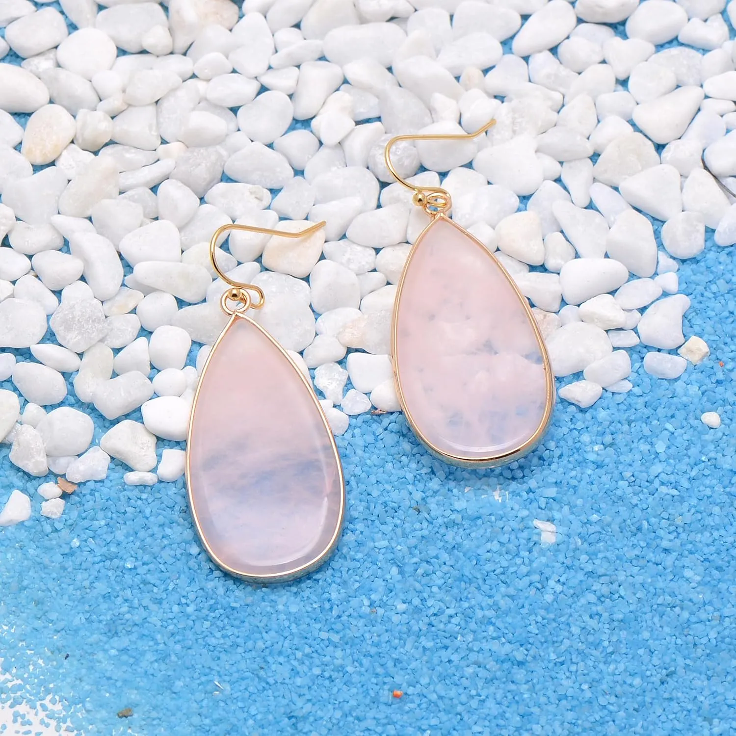 14K Yellow Gold Edged Stone Rose Quartz Flat Drop Earrings for Women