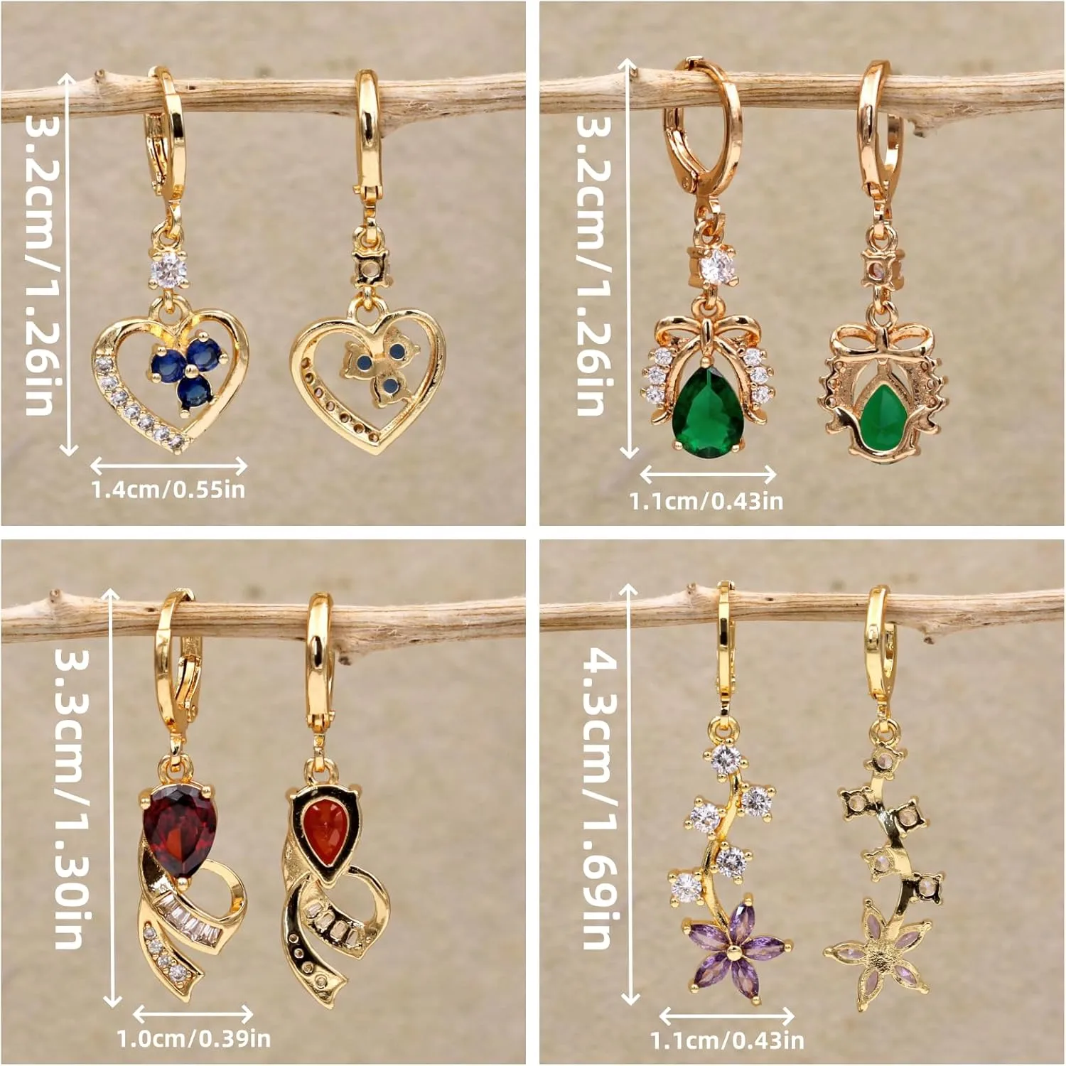 18K Gold Plated, 4 Pairs Drop Dangle Earrings Set for Women, Flower/Heart/Animal/Pearl Drop earrings, Hypoallergenic Cubic Zirconia Earrings, Lightweight, Party earrings, gold earrings, Jewelry for Gifts, Fashion