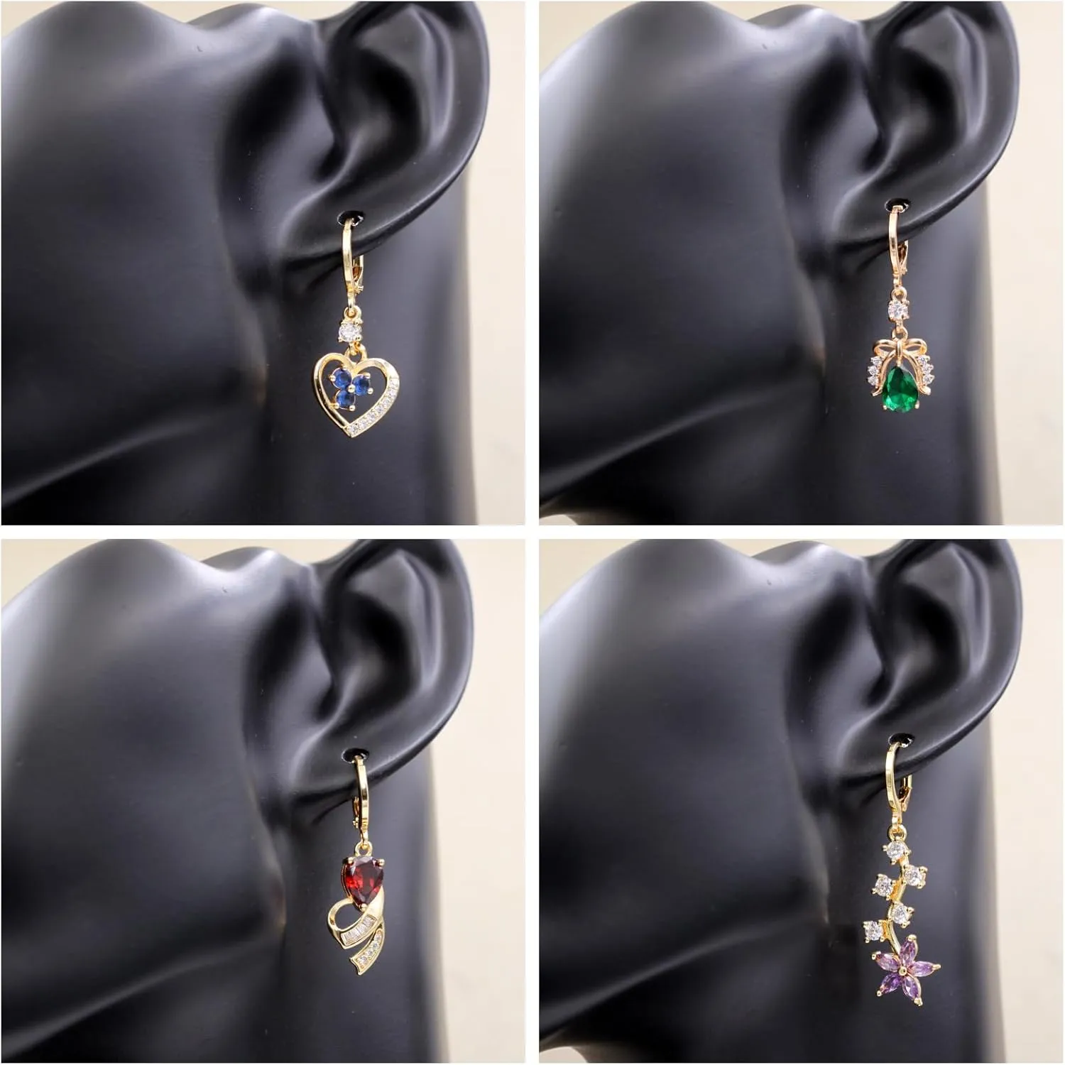18K Gold Plated, 4 Pairs Drop Dangle Earrings Set for Women, Flower/Heart/Animal/Pearl Drop earrings, Hypoallergenic Cubic Zirconia Earrings, Lightweight, Party earrings, gold earrings, Jewelry for Gifts, Fashion