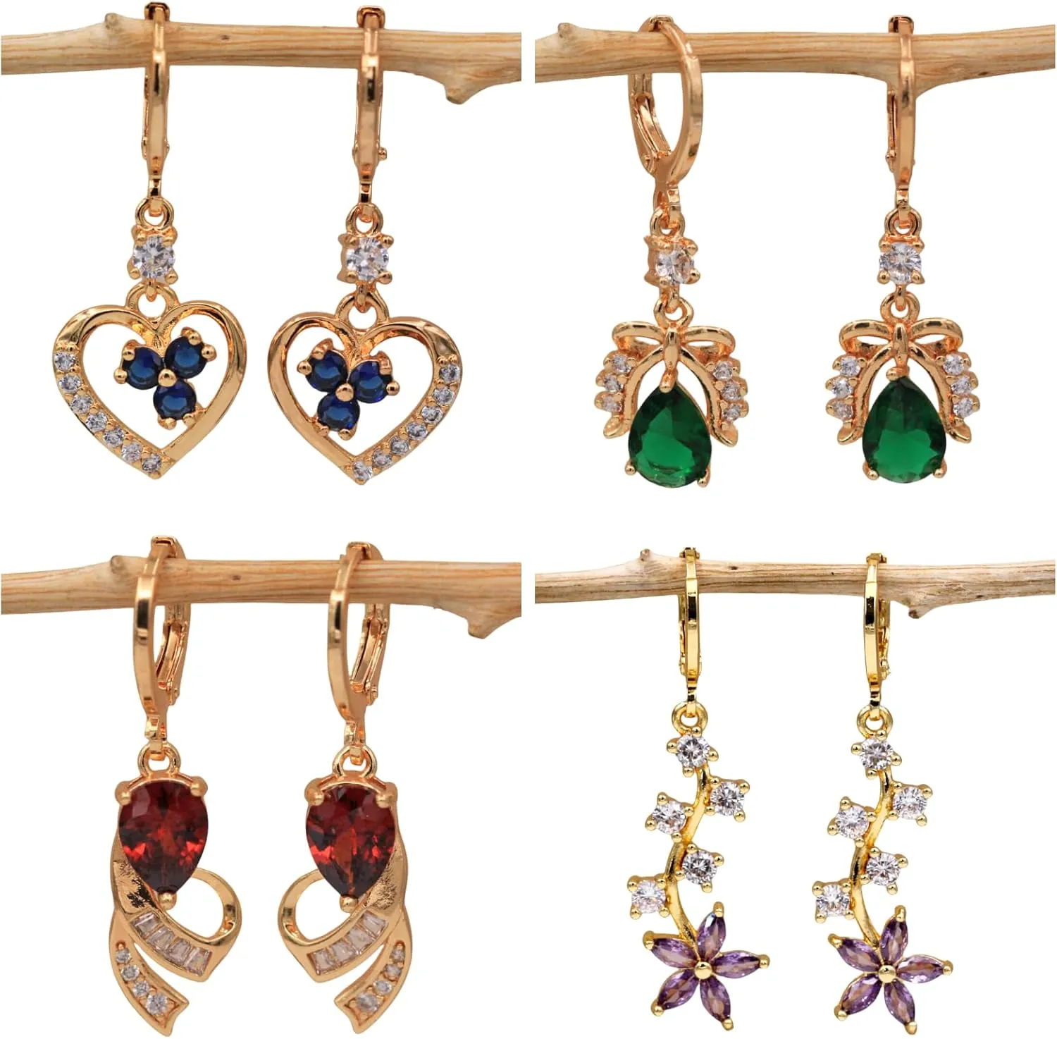 18K Gold Plated, 4 Pairs Drop Dangle Earrings Set for Women, Flower/Heart/Animal/Pearl Drop earrings, Hypoallergenic Cubic Zirconia Earrings, Lightweight, Party earrings, gold earrings, Jewelry for Gifts, Fashion