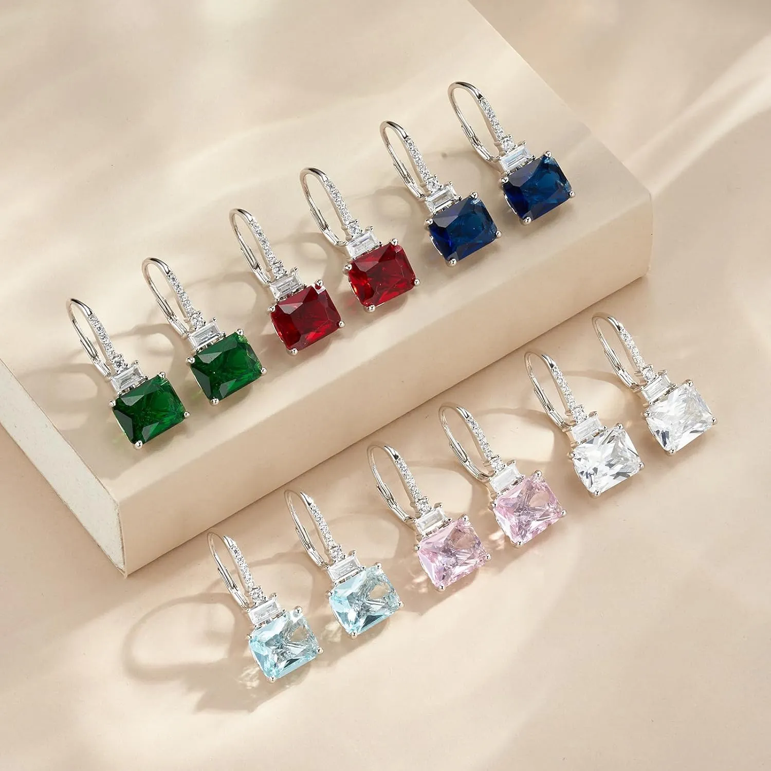 18K White Gold Plated Princess Cut Dangle Drop Earrings for Women 925 Sterling Silver Luxury Square Cubic Zirconia Leverback Earrings