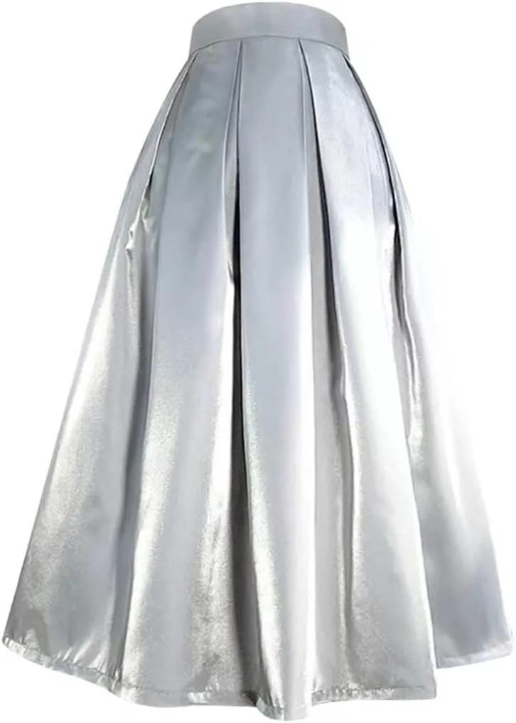 2023 Spring Korean Simple Elegant Pastel Candy Color Glittering Purple High Waist Pleated Midi Satin Skirt Birthday Party