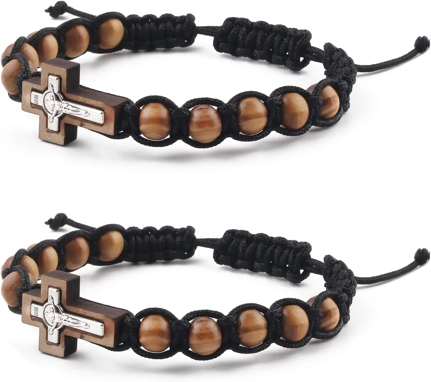 2Pcs Wooden Beads Adjustable Bracelets Rosary with Wood Crucifix Black Cord