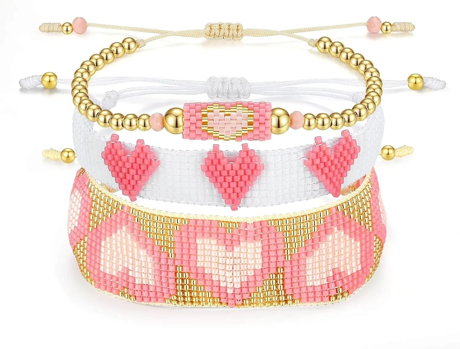 3Pcs Boho Seed Bead Bracelets Set, Handmade Woven Wrap Bracelets, Waterproof Gold Plated Copper Beads, Adjustable Pink Heart Charm