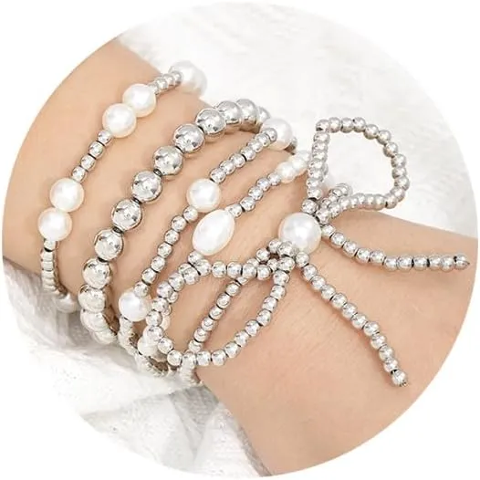 5PCS Gold Bow Bracelet for Women Stackable Stretch Bead Ball Bracelets Stack Gold Beaded Bracelets Pearl Bracelets for Women Gold Bead Elastic Bracelet Jewelry