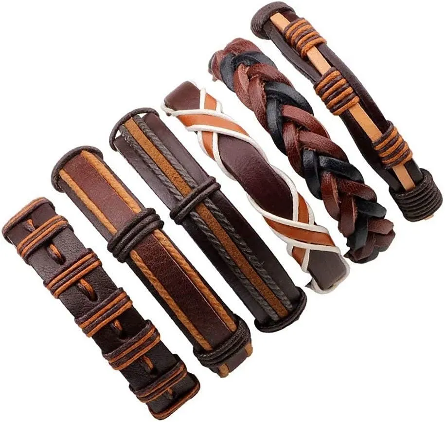 6pcs Braided Leather Bracelets for Woven Cuff Wrap Bracelet Wood Beads Ethnic Tribal Bracelets Adjustable