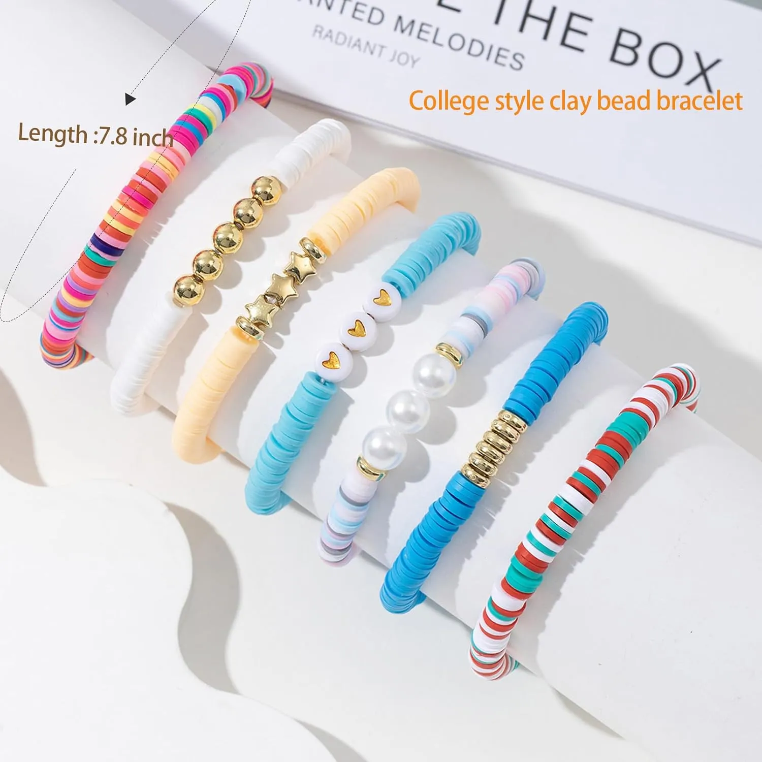 7pcs Heishi Surfer Clay Bead Colorful Preppy Friendship Bracelets for Women