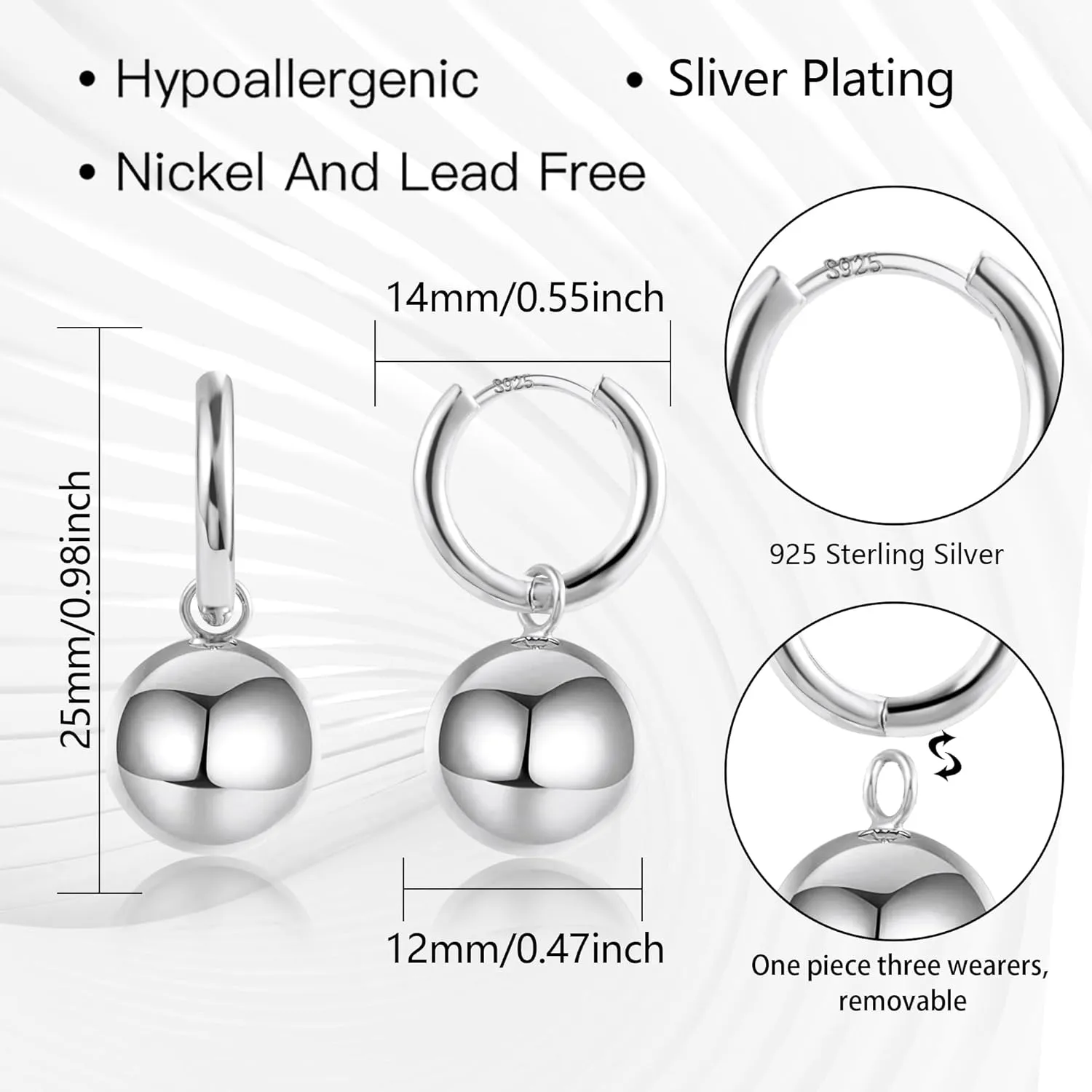 925 Sterling Silver Ball Drop Dangle Earrings Hypoallergenic Ball Drop Earrings for Women Fashion Jewelry