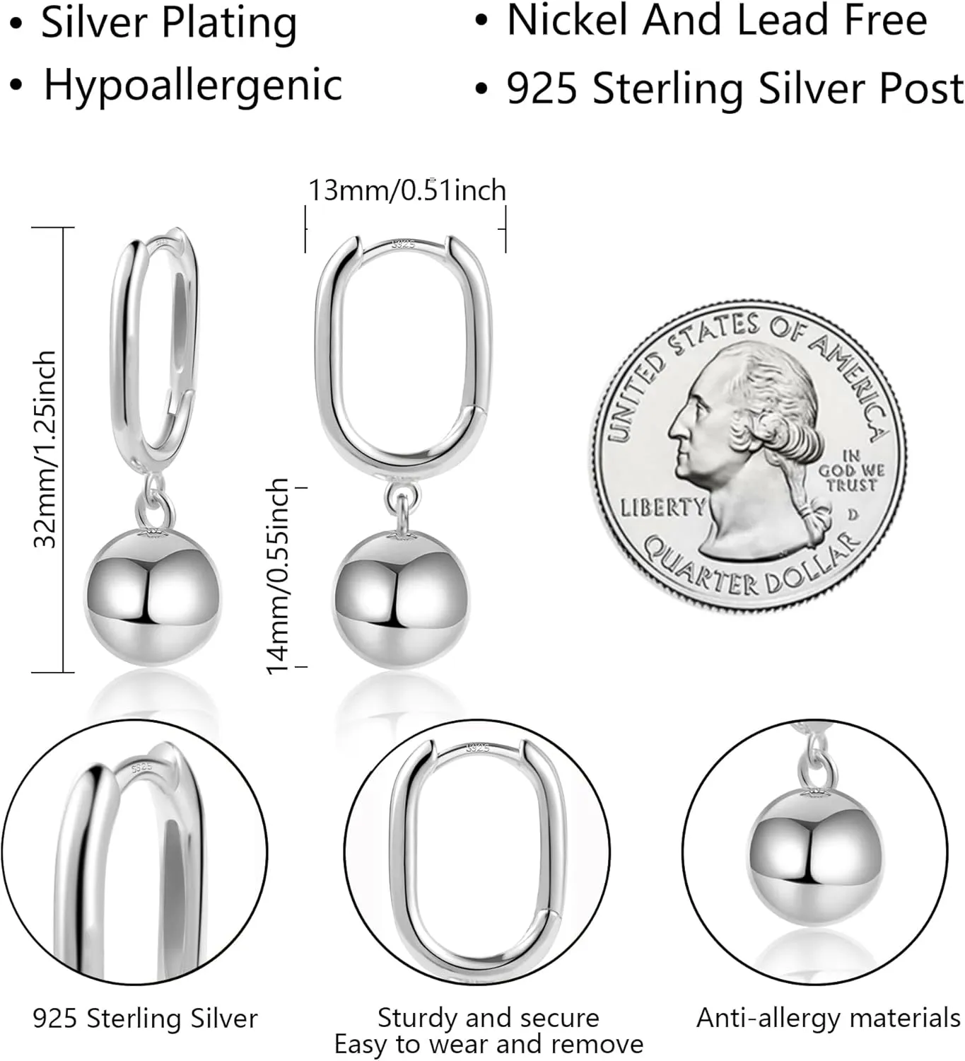925 Sterling Silver Ball Drop Dangle Earrings Hypoallergenic Ball Drop Earrings for Women Fashion Jewelry