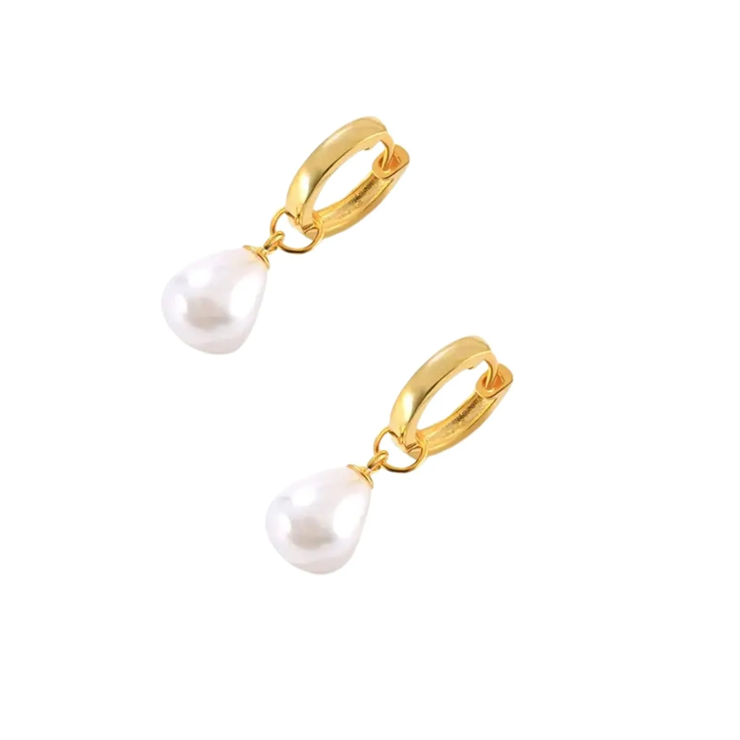 925 sterling silver women earrings water drop shape pearl pendant gold plated huggie earrings (gold)