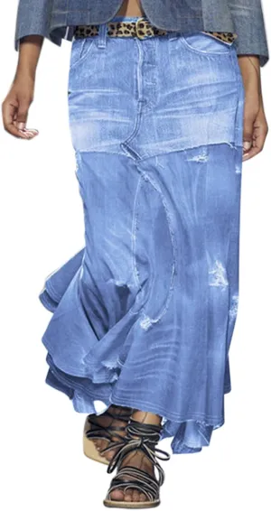 A Line Cute Skirts for Women Ruffle Hem Color Block Robe Plus Size Denim Skirt High Waist Summer 2023 Beach Skirt Light Blue