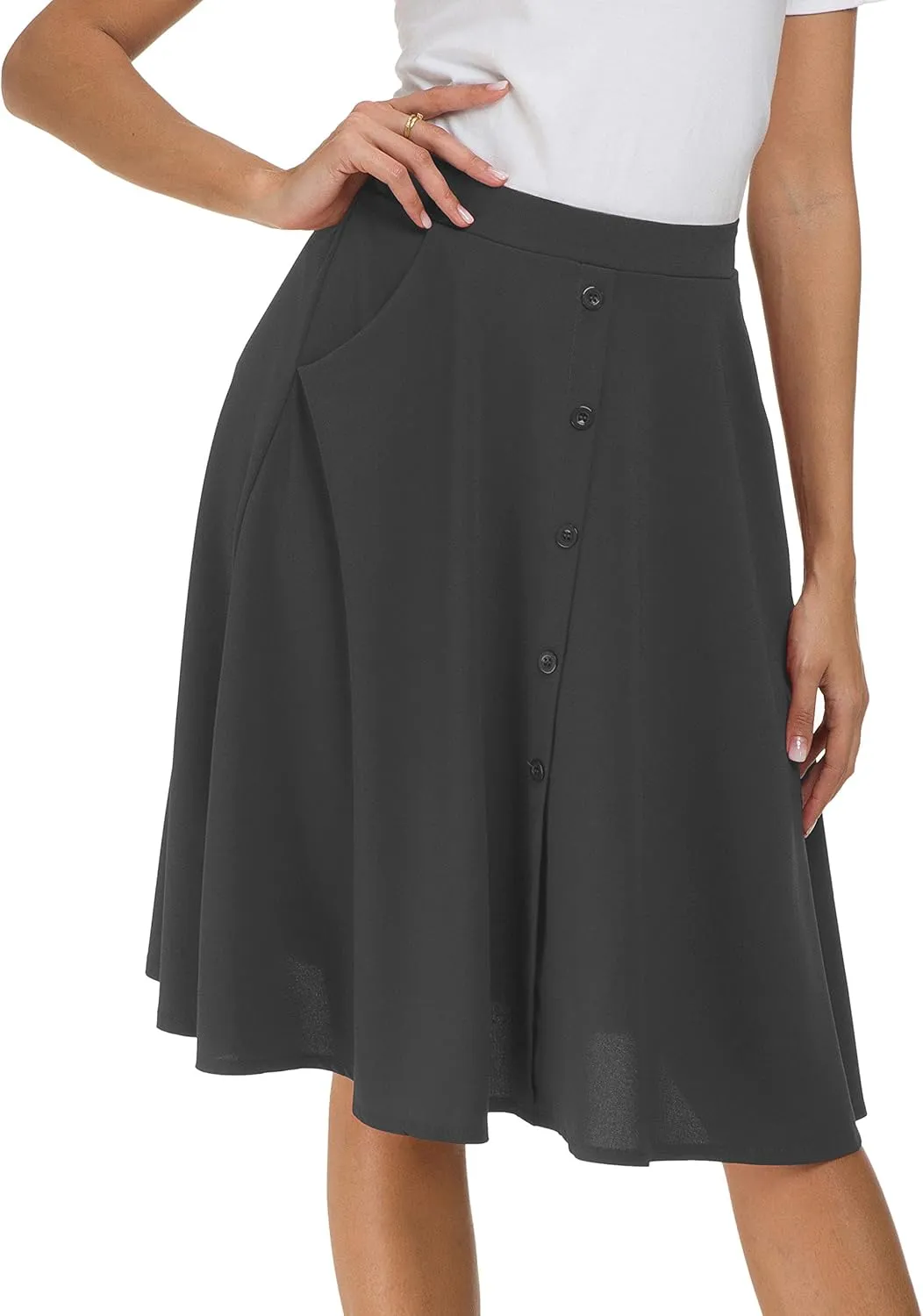 Afibi Womens High Waisted A Line Pleated Midi Skirt Button Front Skirts with Pocket