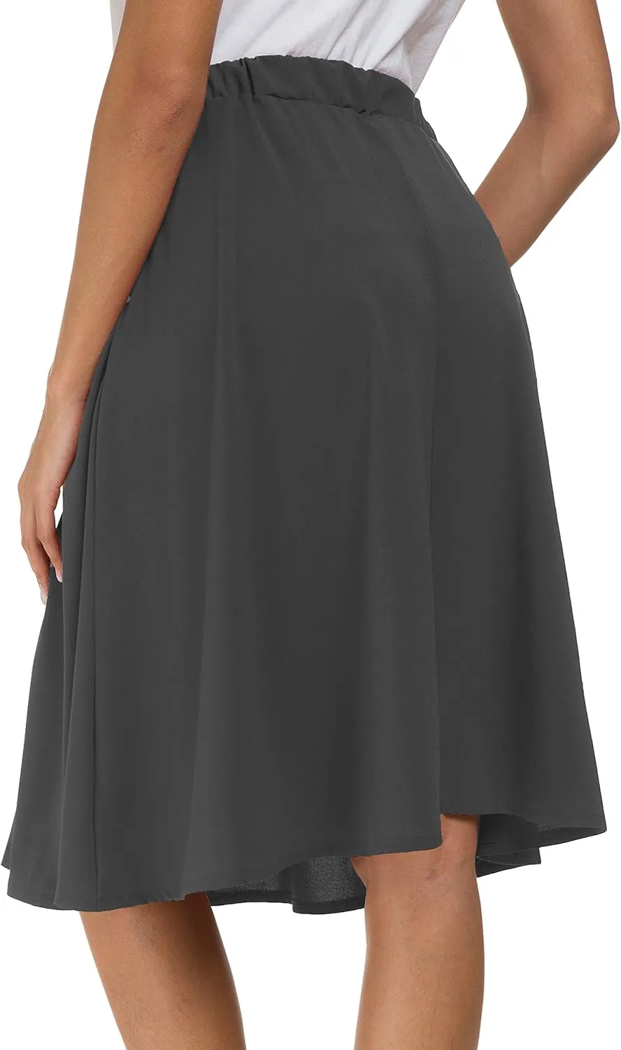 Afibi Womens High Waisted A Line Pleated Midi Skirt Button Front Skirts with Pocket
