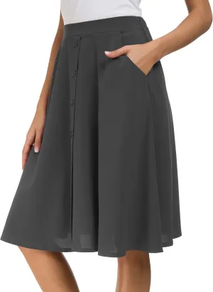 Afibi Womens High Waisted A Line Pleated Midi Skirt Button Front Skirts with Pocket