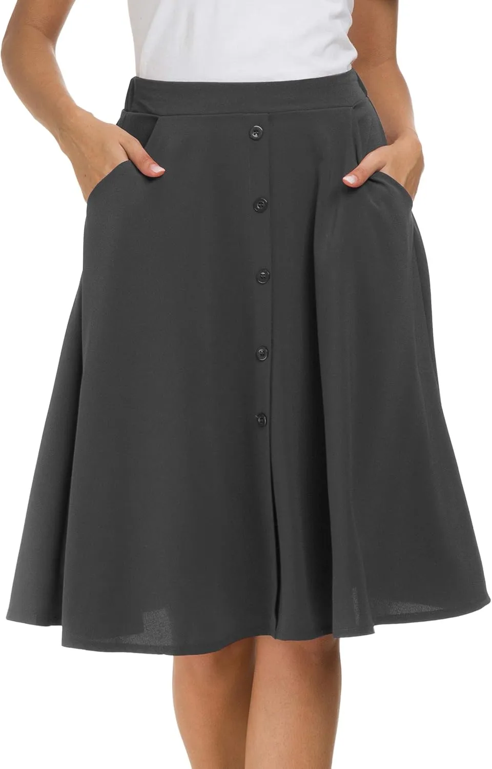 Afibi Womens High Waisted A Line Pleated Midi Skirt Button Front Skirts with Pocket