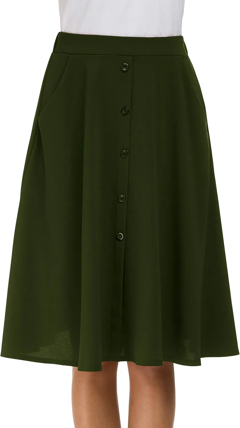 Afibi Womens High Waisted A Line Pleated Midi Skirt Button Front Skirts with Pocket