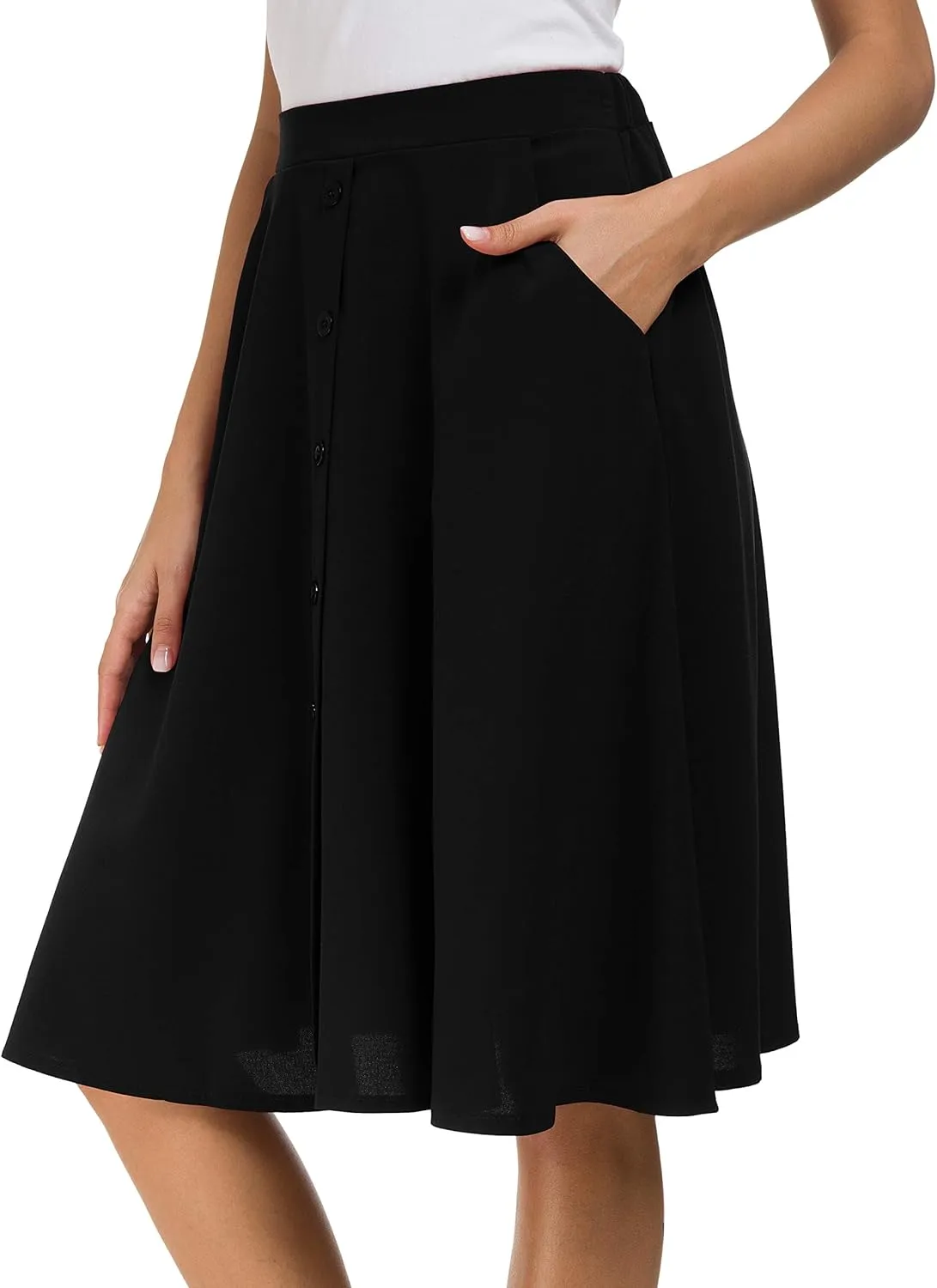 Afibi Womens High Waisted A Line Pleated Midi Skirt Button Front Skirts with Pocket