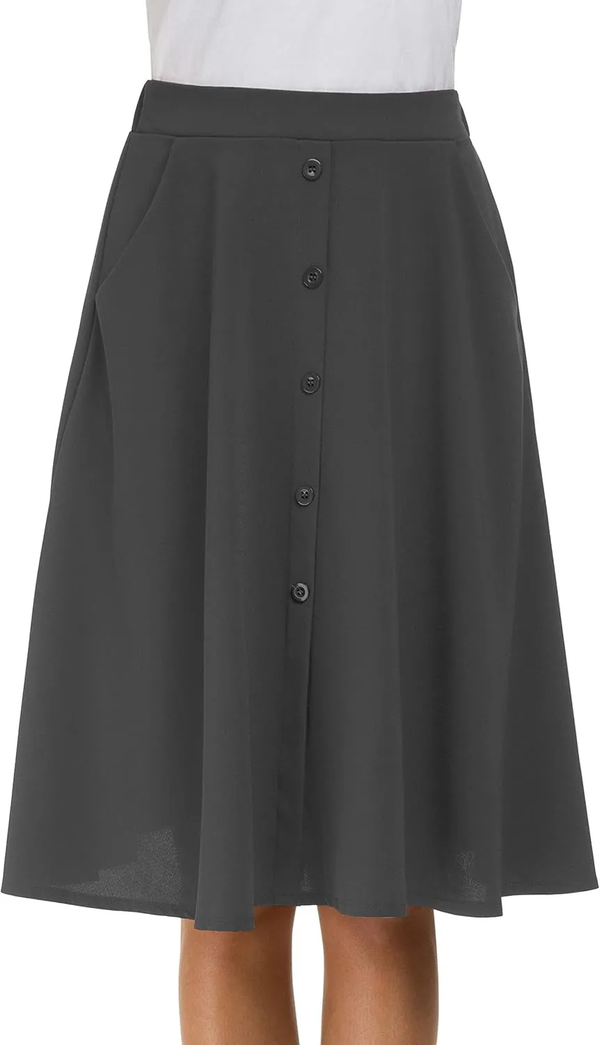 Afibi Womens High Waisted A Line Pleated Midi Skirt Button Front Skirts with Pocket