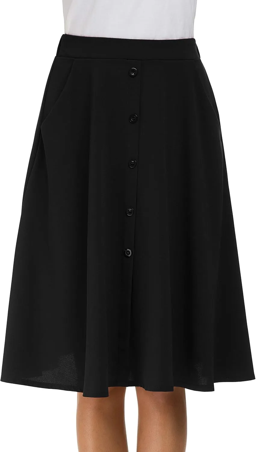 Afibi Womens High Waisted A Line Pleated Midi Skirt Button Front Skirts with Pocket