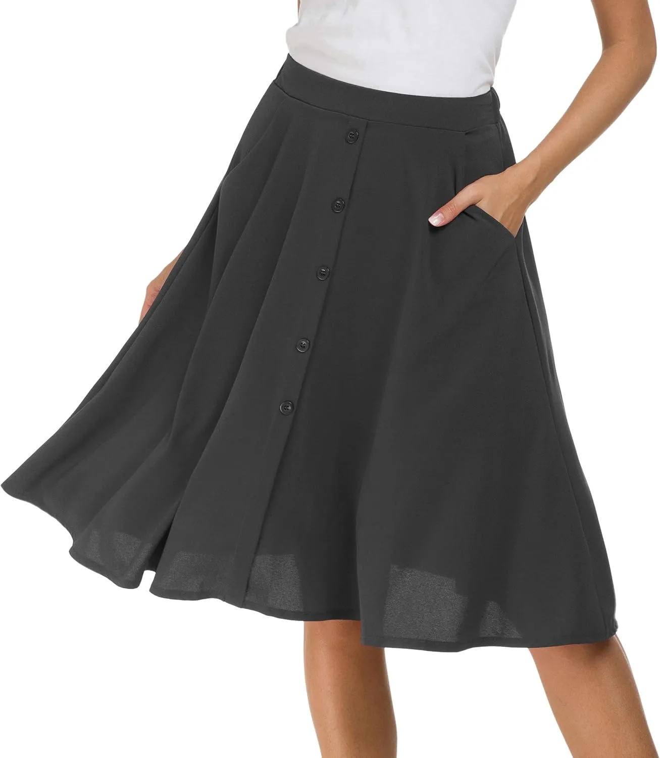 Afibi Womens High Waisted A Line Pleated Midi Skirt Button Front Skirts with Pocket