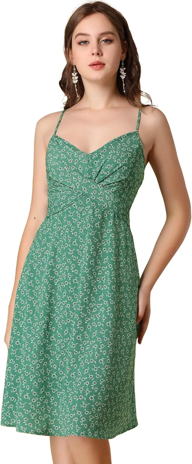 Allegra K Women's Floral Twist Front Knee Length Summer Adjustable Strap Dress