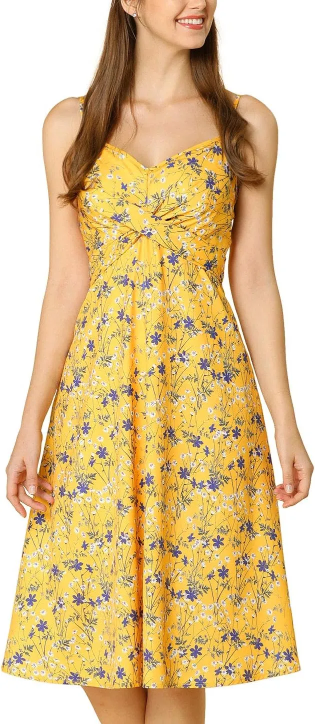 Allegra K Women's Floral Twist Front Knee Length Summer Adjustable Strap Dress