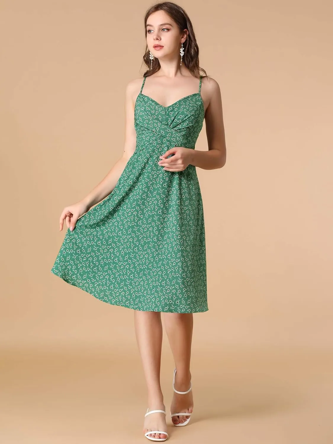 Allegra K Women's Floral Twist Front Knee Length Summer Adjustable Strap Dress