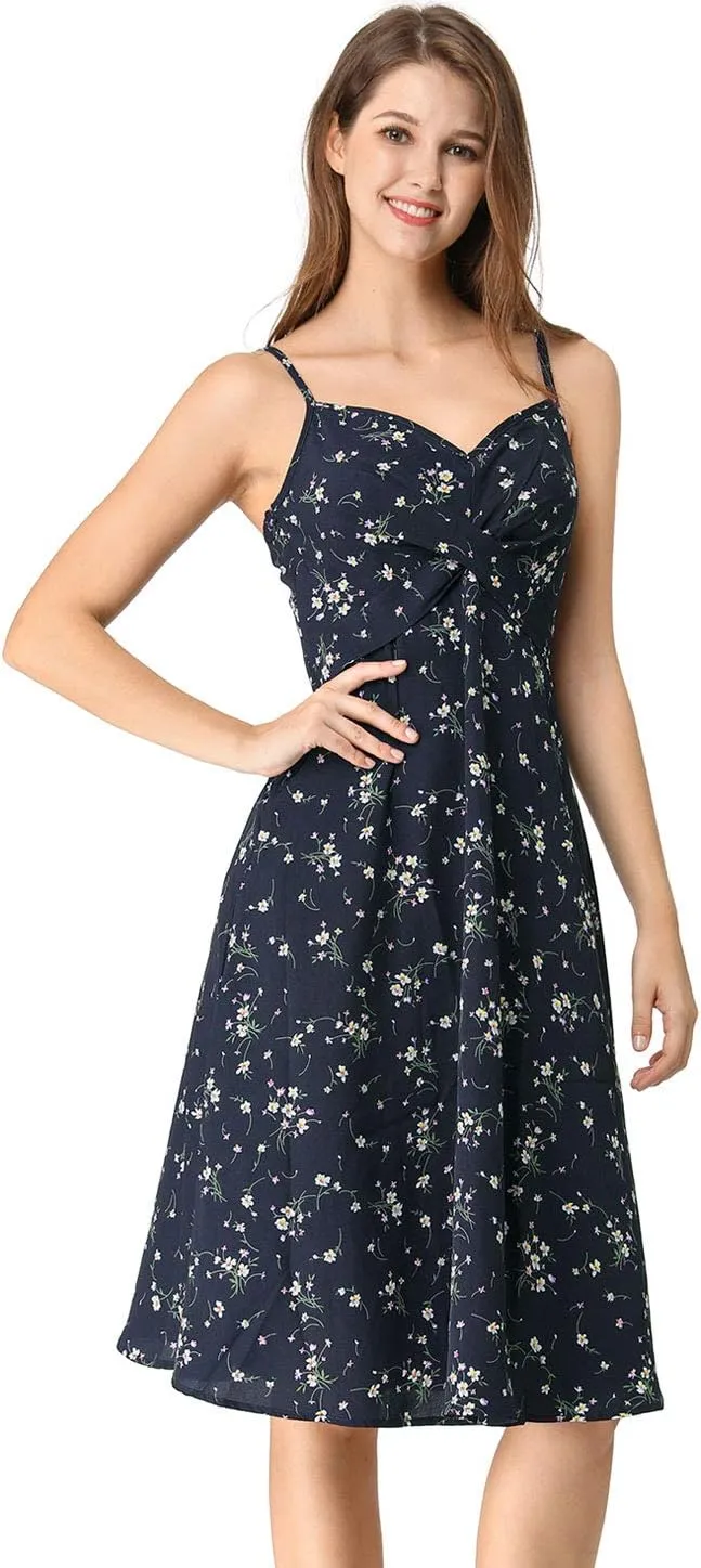 Allegra K Women's Floral Twist Front Knee Length Summer Adjustable Strap Dress
