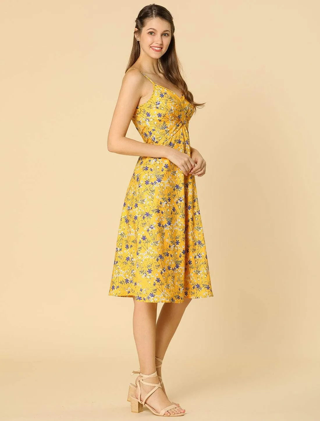 Allegra K Women's Floral Twist Front Knee Length Summer Adjustable Strap Dress