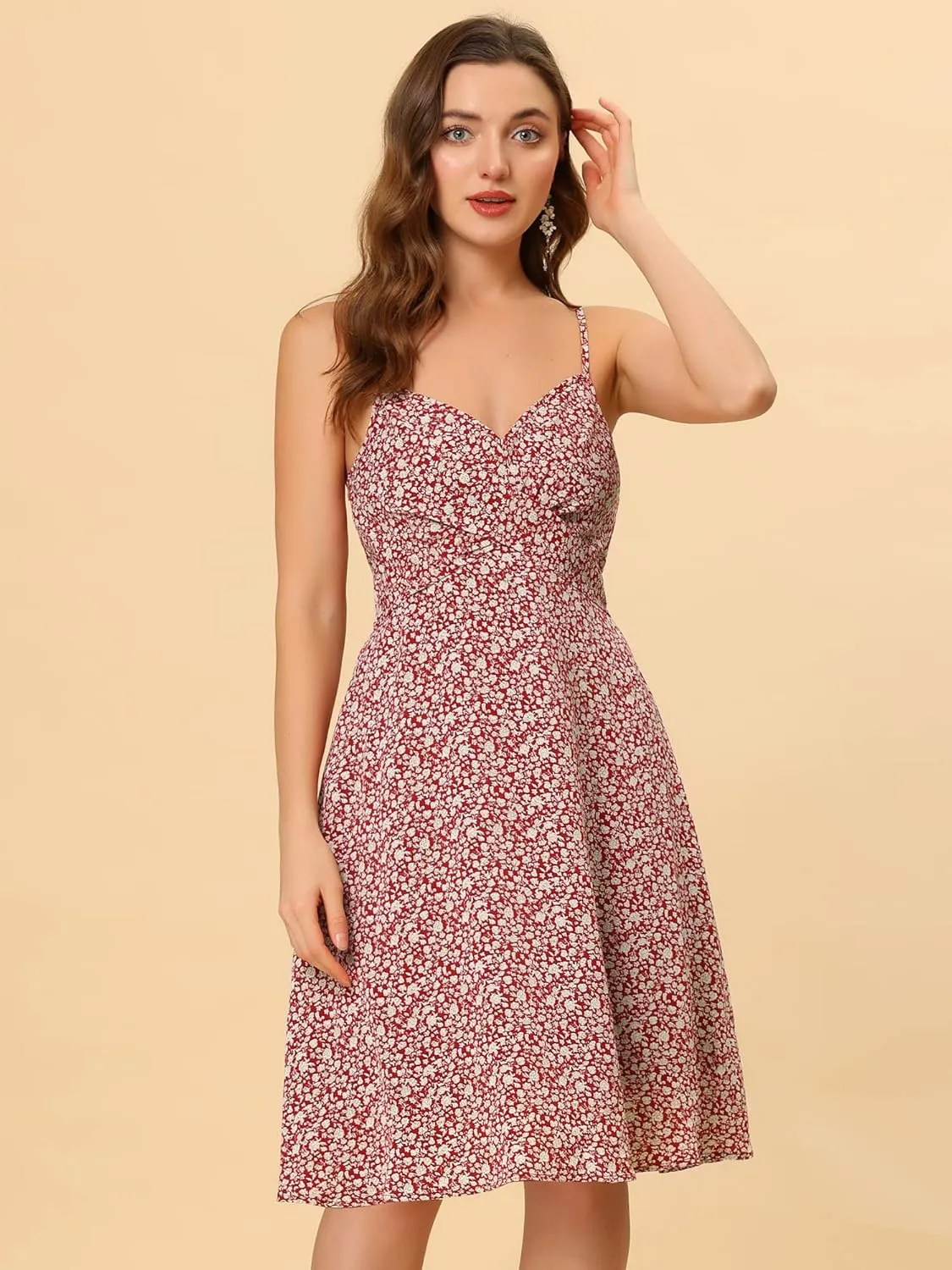 Allegra K Women's Floral Twist Front Knee Length Summer Adjustable Strap Dress