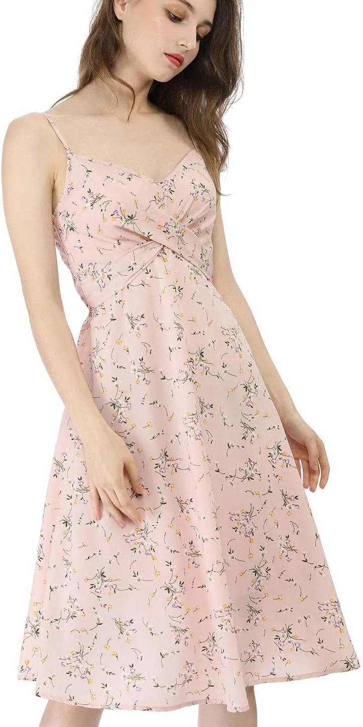 Allegra K Women's Floral Twist Front Knee Length Summer Adjustable Strap Dress