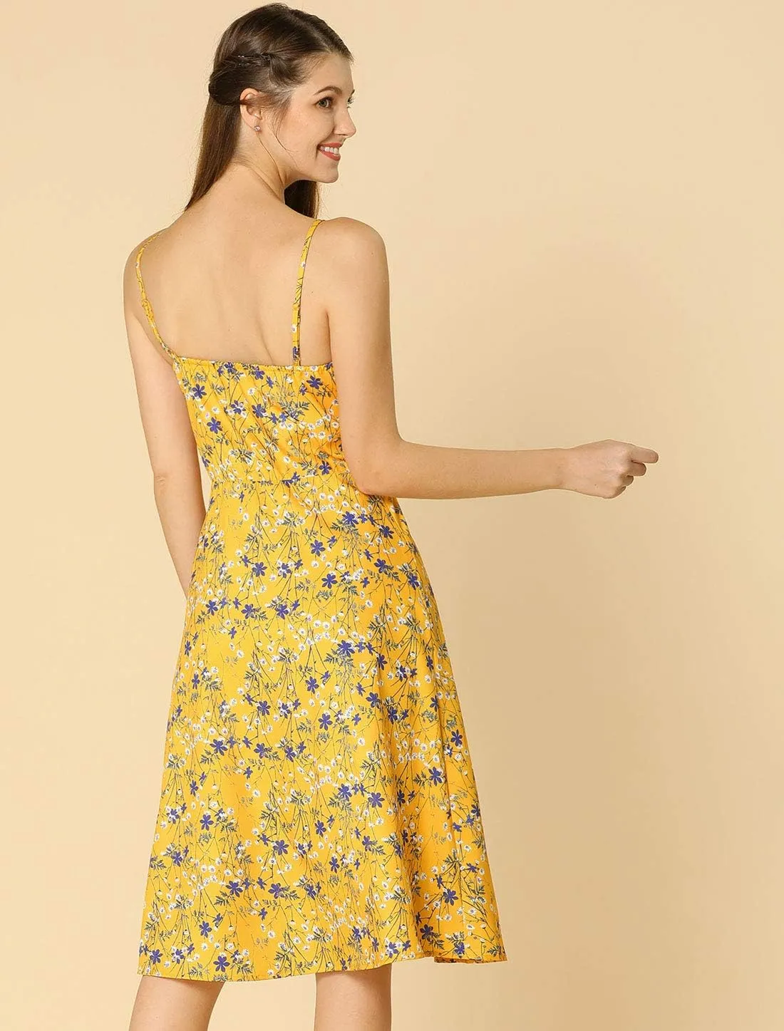 Allegra K Women's Floral Twist Front Knee Length Summer Adjustable Strap Dress