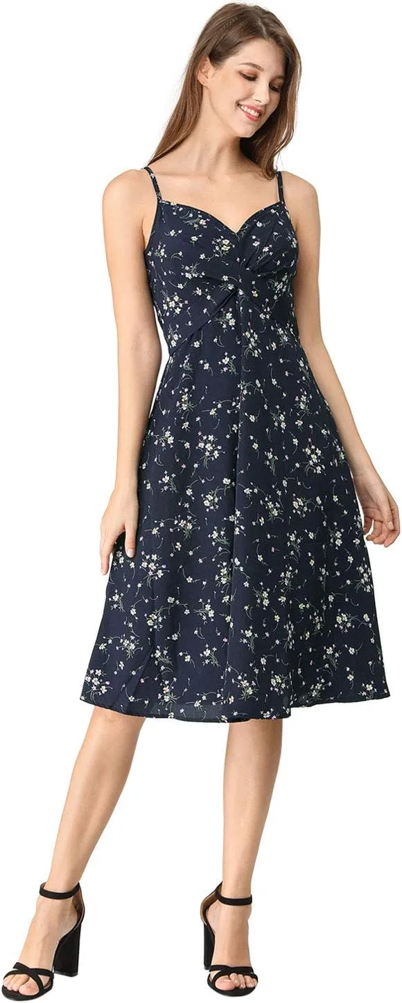 Allegra K Women's Floral Twist Front Knee Length Summer Adjustable Strap Dress