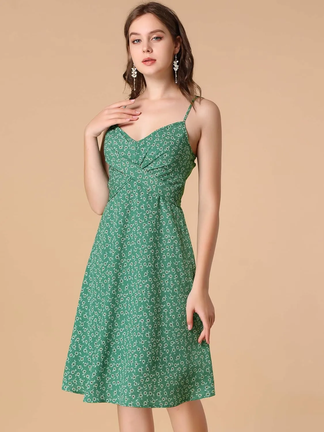 Allegra K Women's Floral Twist Front Knee Length Summer Adjustable Strap Dress