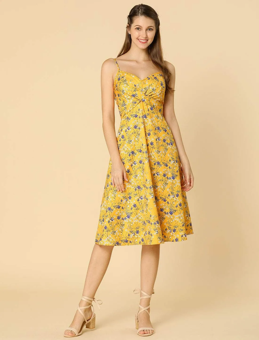 Allegra K Women's Floral Twist Front Knee Length Summer Adjustable Strap Dress