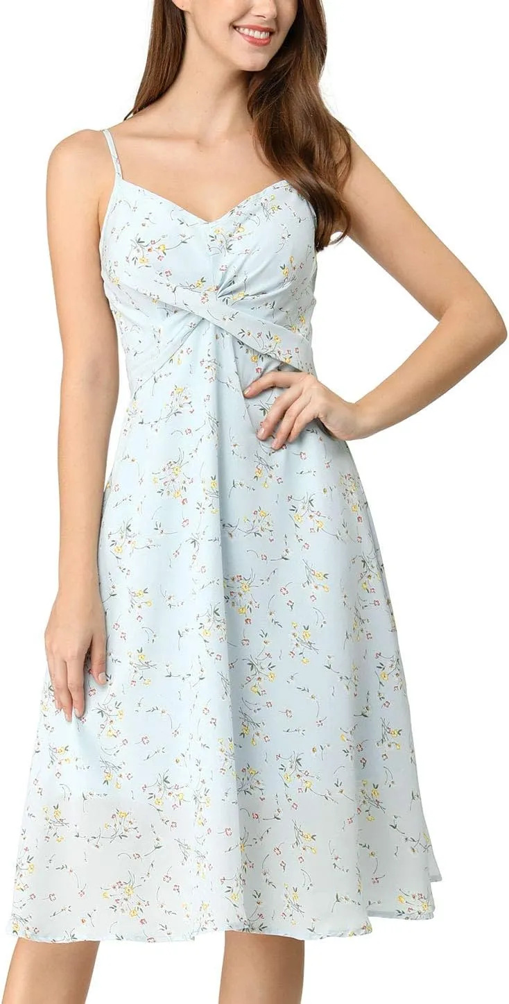 Allegra K Women's Floral Twist Front Knee Length Summer Adjustable Strap Dress