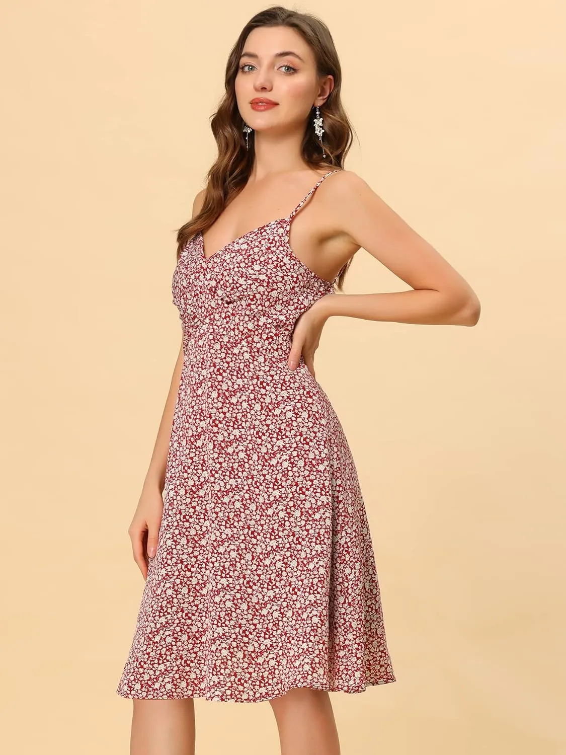 Allegra K Women's Floral Twist Front Knee Length Summer Adjustable Strap Dress