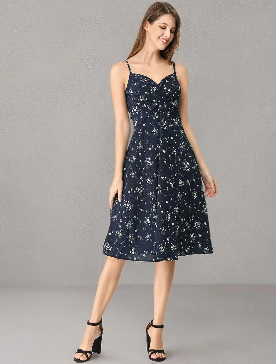 Allegra K Women's Floral Twist Front Knee Length Summer Adjustable Strap Dress