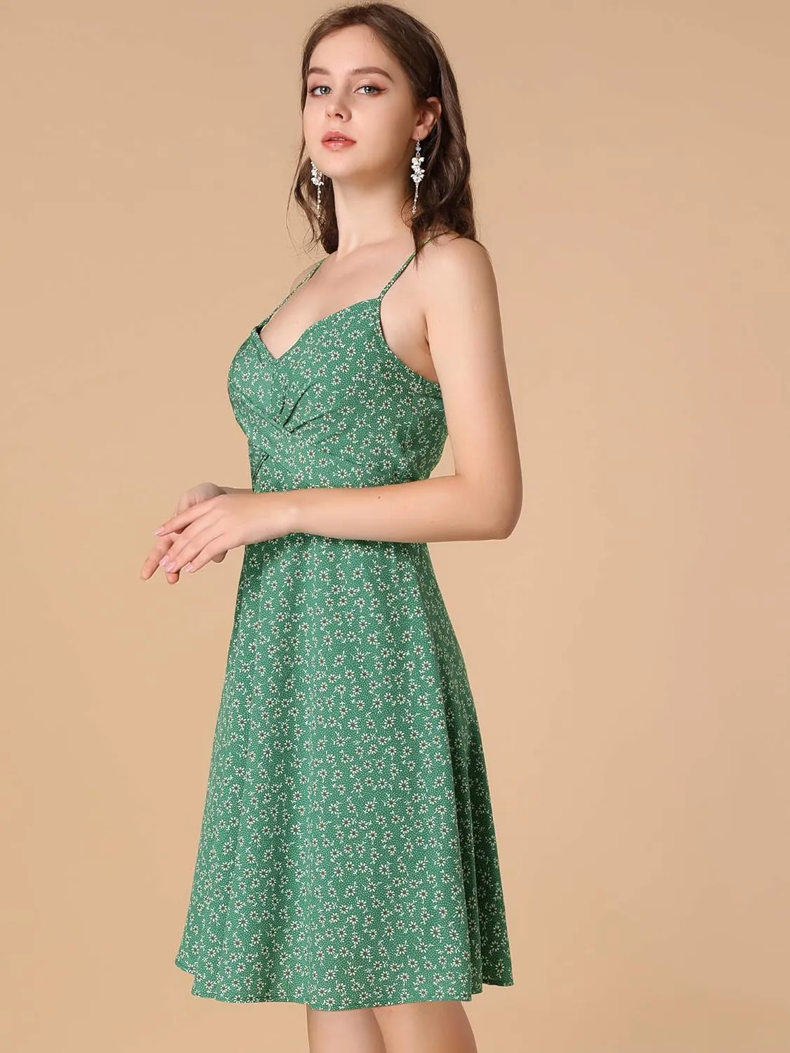 Allegra K Women's Floral Twist Front Knee Length Summer Adjustable Strap Dress