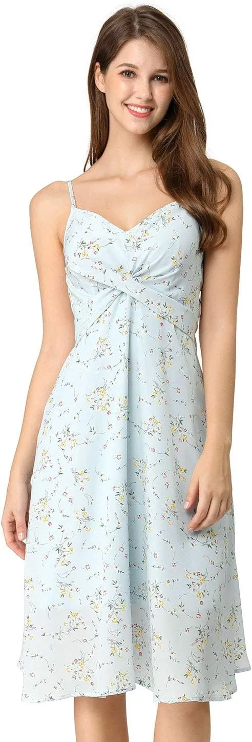 Allegra K Women's Floral Twist Front Knee Length Summer Adjustable Strap Dress