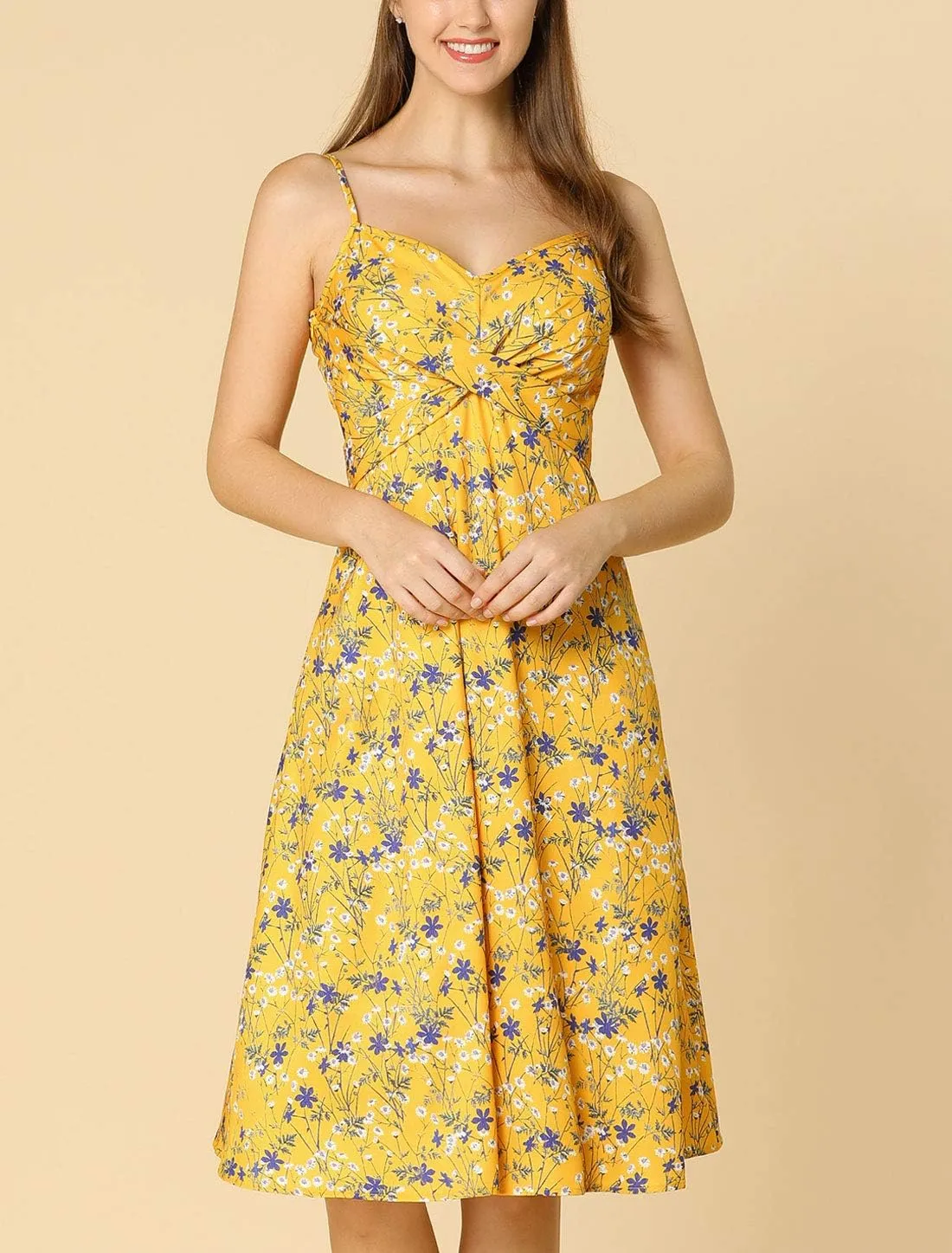 Allegra K Women's Floral Twist Front Knee Length Summer Adjustable Strap Dress