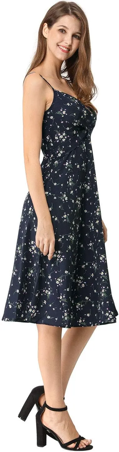 Allegra K Women's Floral Twist Front Knee Length Summer Adjustable Strap Dress