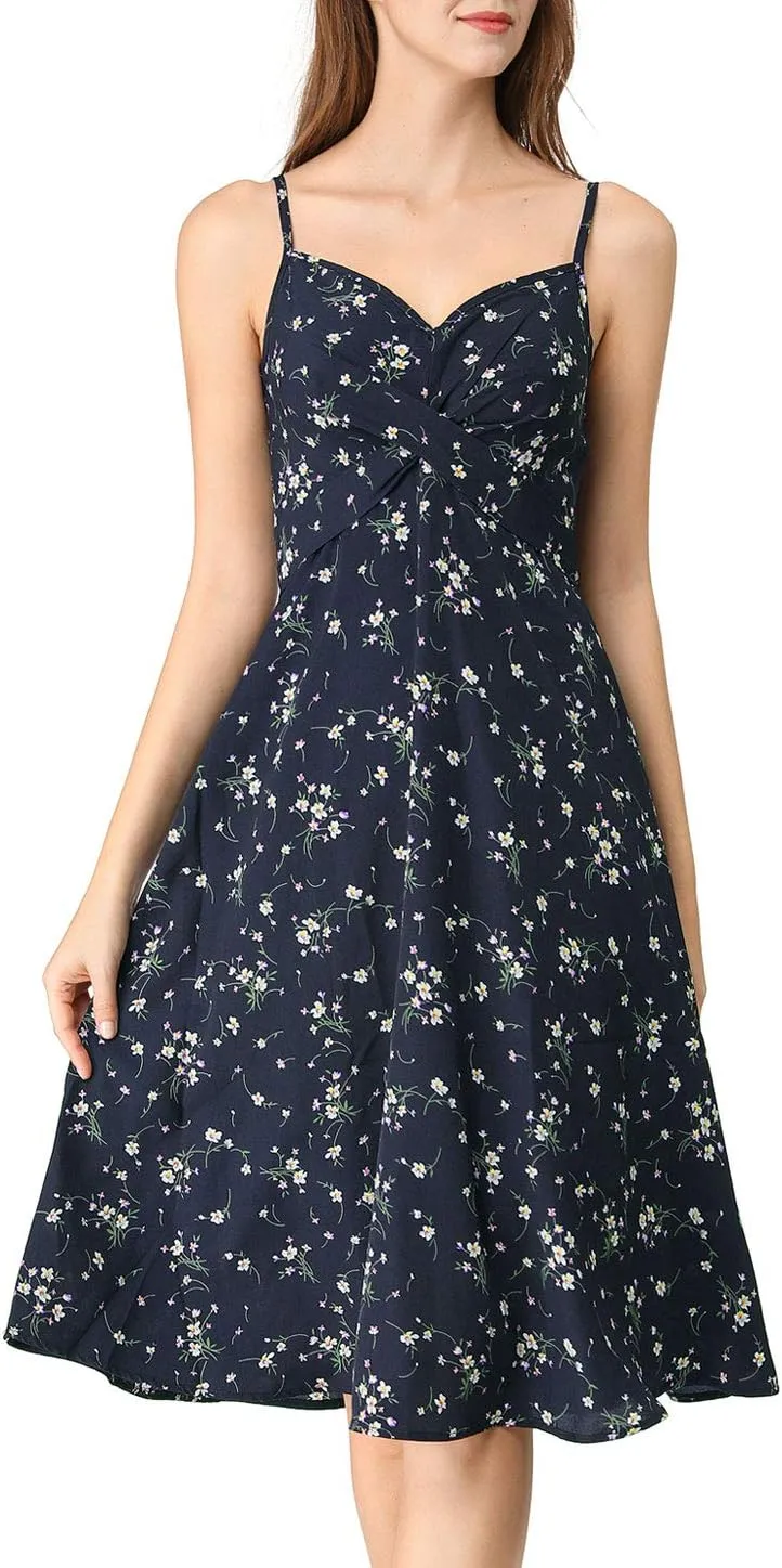 Allegra K Women's Floral Twist Front Knee Length Summer Adjustable Strap Dress
