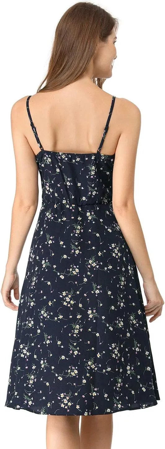 Allegra K Women's Floral Twist Front Knee Length Summer Adjustable Strap Dress