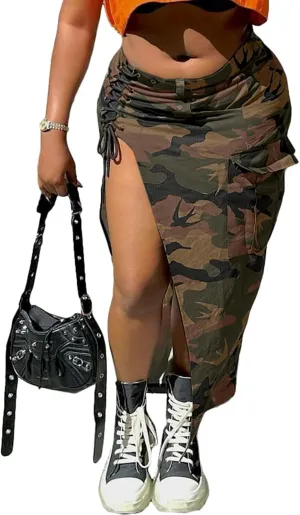 Angsuttc Cargo Skirt for Women Camo Skirts High Slit Button Maxi Skirt with Pockets